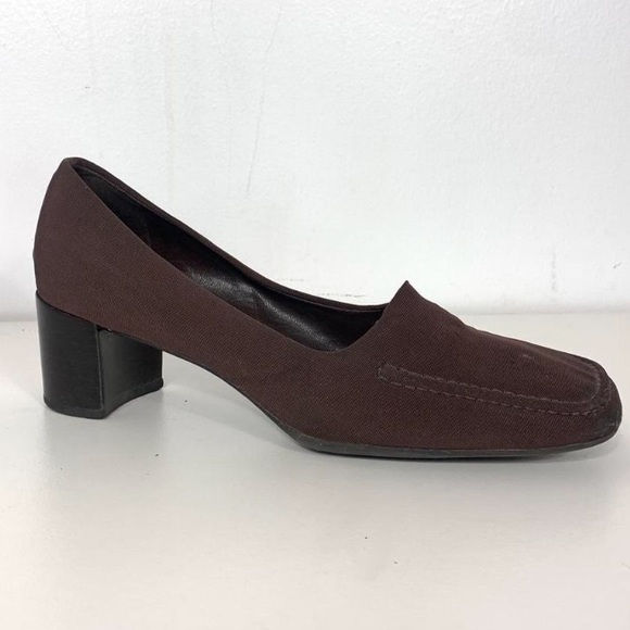 VINTAGE BROWN STRETCHY FABRIC CLASSY MOCASSIN SMALL CHUNKY HEEL - Picture 3 of 4